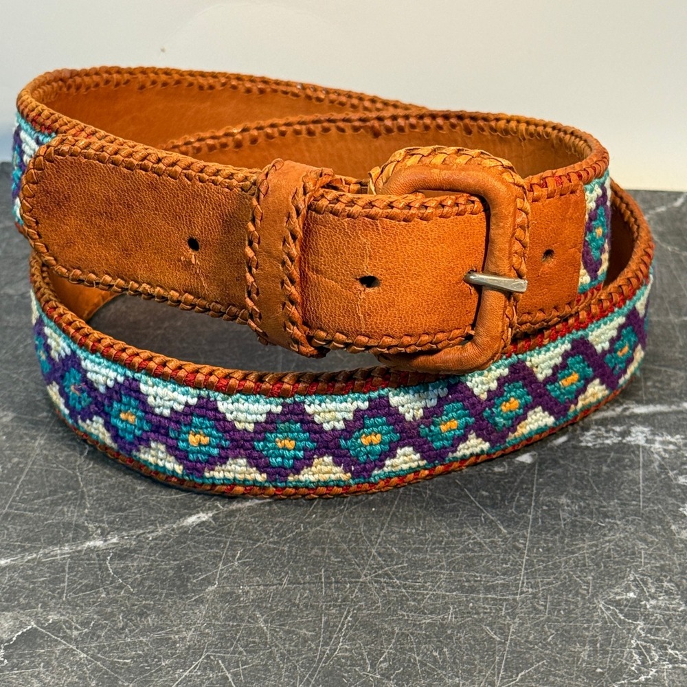Unbranded Vintage Leather Woven Southwestern Belt | Size 34-36 | Brown Multi